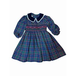 Vintage Girls Bonnie Jean Smocked Embroidered Plaid Dress Velvet Collar Size 3T